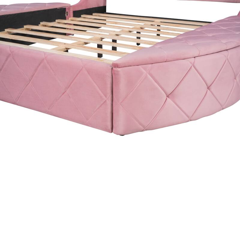 Queen Size Upholstered Platform Bed with Wingback Headboard, Storage Drawer, and Side Stools in Velvet