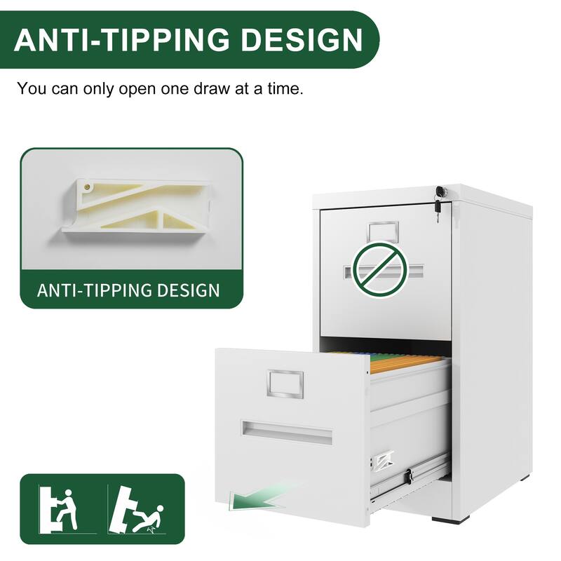 Modern 2-Drawer Narrow Filing Cabinet, Vertical Filing Cabinet with Lock and Anti-Tilt Function, for Home Office