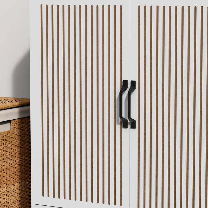 Shoe Cabinet with Adjustable Shelves, Stool & Retractable Toe-Kick Drawer, Freestanding Narrow Shoe Rack Organizer