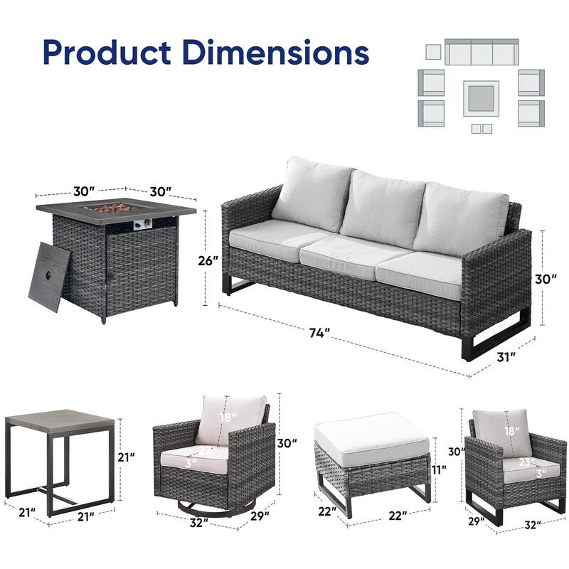 Patio Sofa with 2 Club Chair,2 Swivel Chair and Fire Pit Table