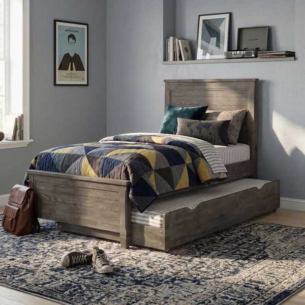 slide 2 of 13, Furniture of America Lanister Wood Wire-Brushed Warm Grey Kids Panel Bed with Trundle Twin