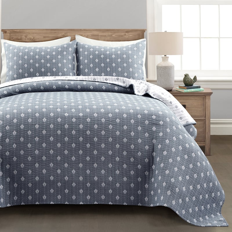 Lush Decor Hygge Kantha Pick Stitch Yarn Dyed Cotton Jacquard 3 Piece Quilt/Coverlet Set - Navy - King