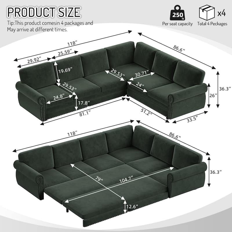 118" L-Shaped Sofa Couch with Pull-Out Bed with Nailhead Trim & Rolled Arm - 118"L x 86.6"W x 36.3"H