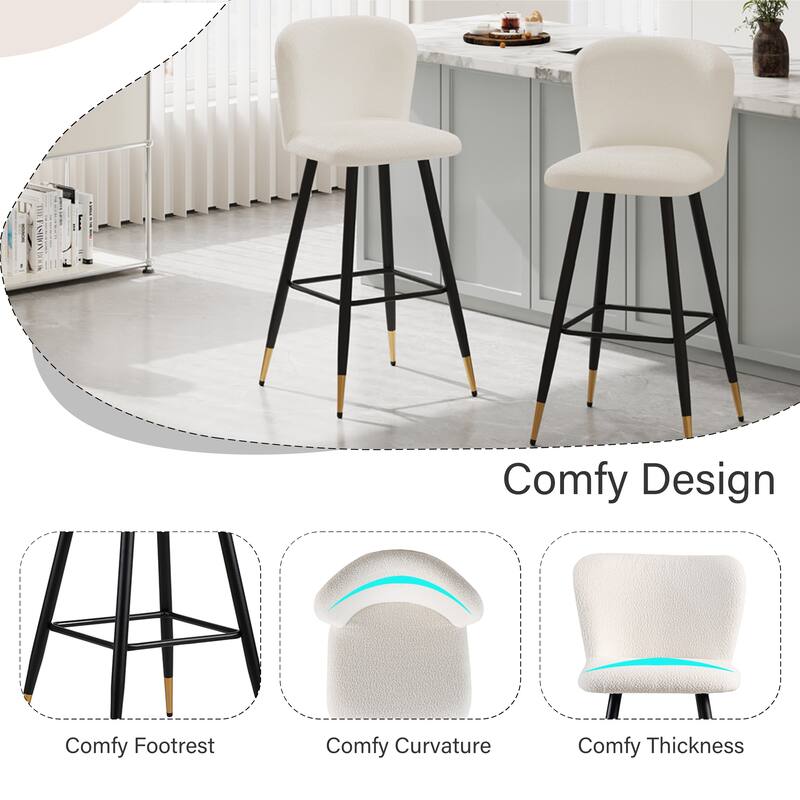 Roomfitters 30'' Modern Barstool, White Seat with Black Metal Legs and Gold-Tipped Ends, Contemporary Bar Chair, White