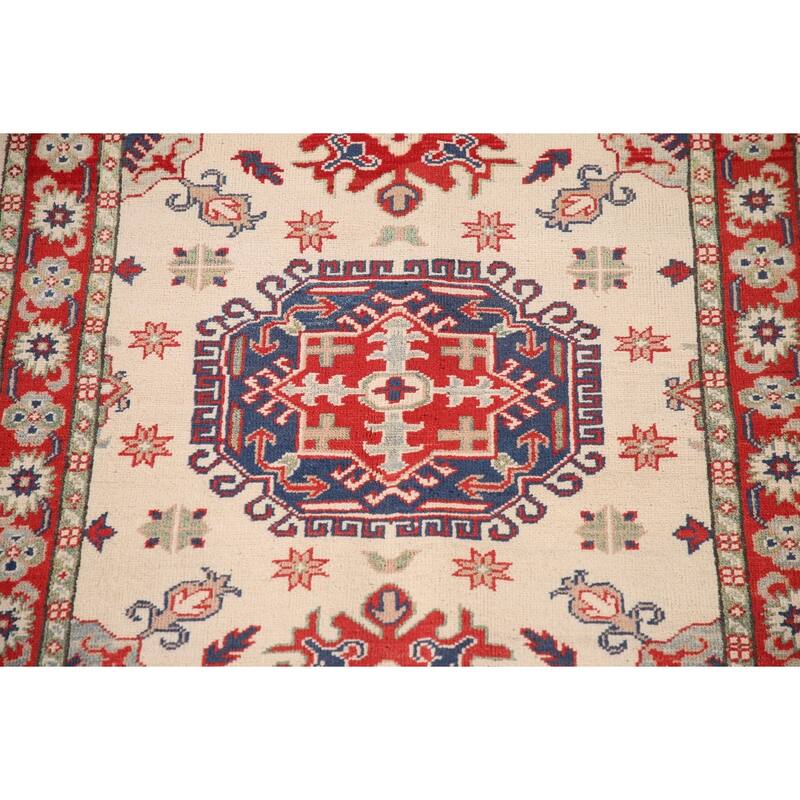 Ivory / Beige Kazak Oriental Accent Rug Hand-Knotted Wool Carpet - 3'2"x 4'8"