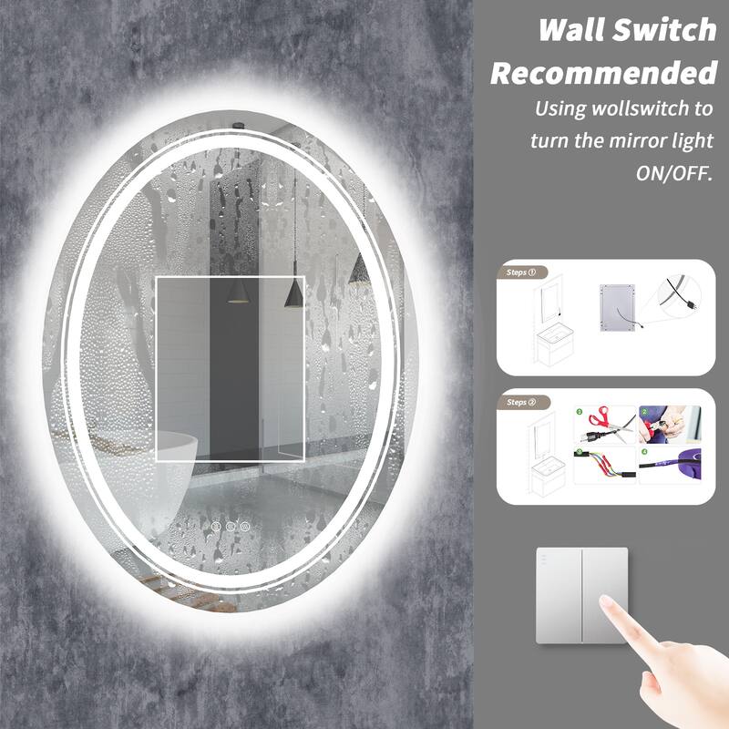 Frameless Oval Wall Mounted LED Bathroom Mirror Anti-Fog Memory - 20X28 Inch