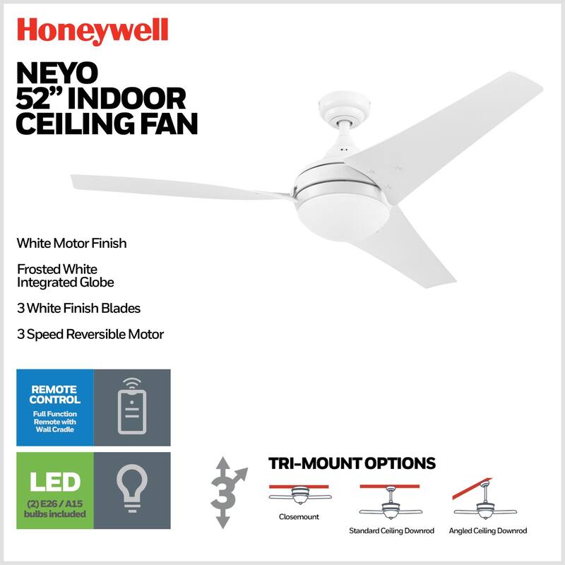52" Honeywell Neyo Contemporary Indoor LED Ceiling Fan with Light, Remote Control