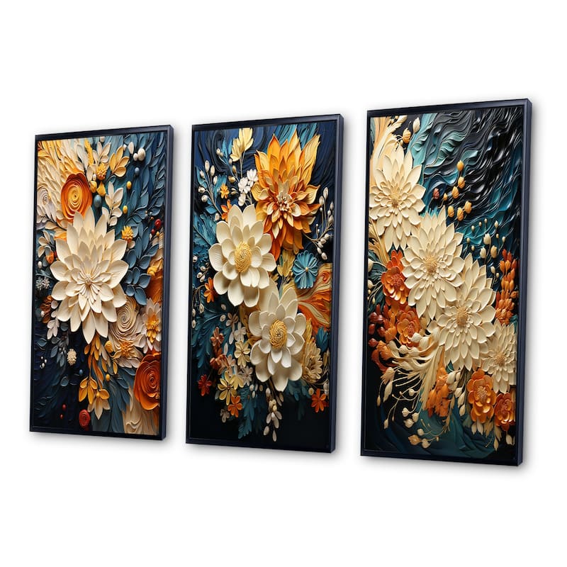 Designart "Orange Teal Botanical Whirlwind IV" Abstract Framed Wall Art Set Of 3 Frame Gallery Wall Set For Home Decor
