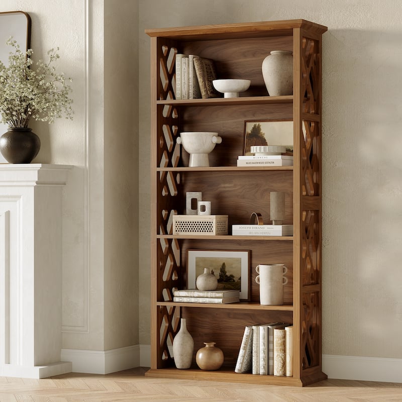 70.9" Wooden Bookshelf, Farmhouse 5-Shelf Bookcase and Bookshelves - Brown