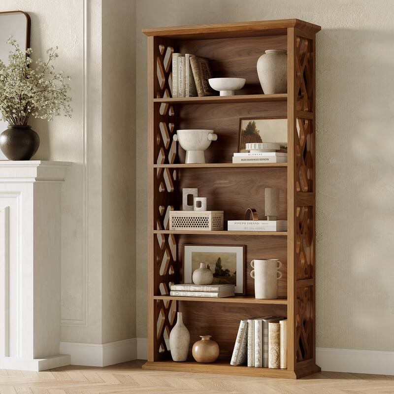 Farmhouse Wooden 5-Shelf Bookshef Bookcase for Living Room