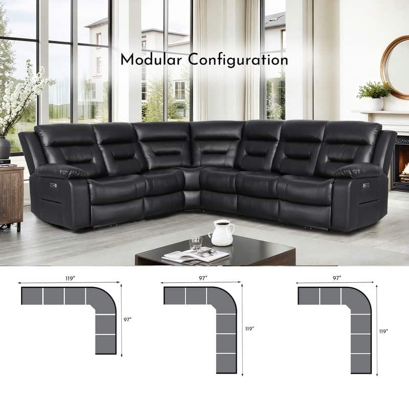 119'' Faux Leather Power Recliner 6-Seat Large Sectional Reclining Sofa with USB Port