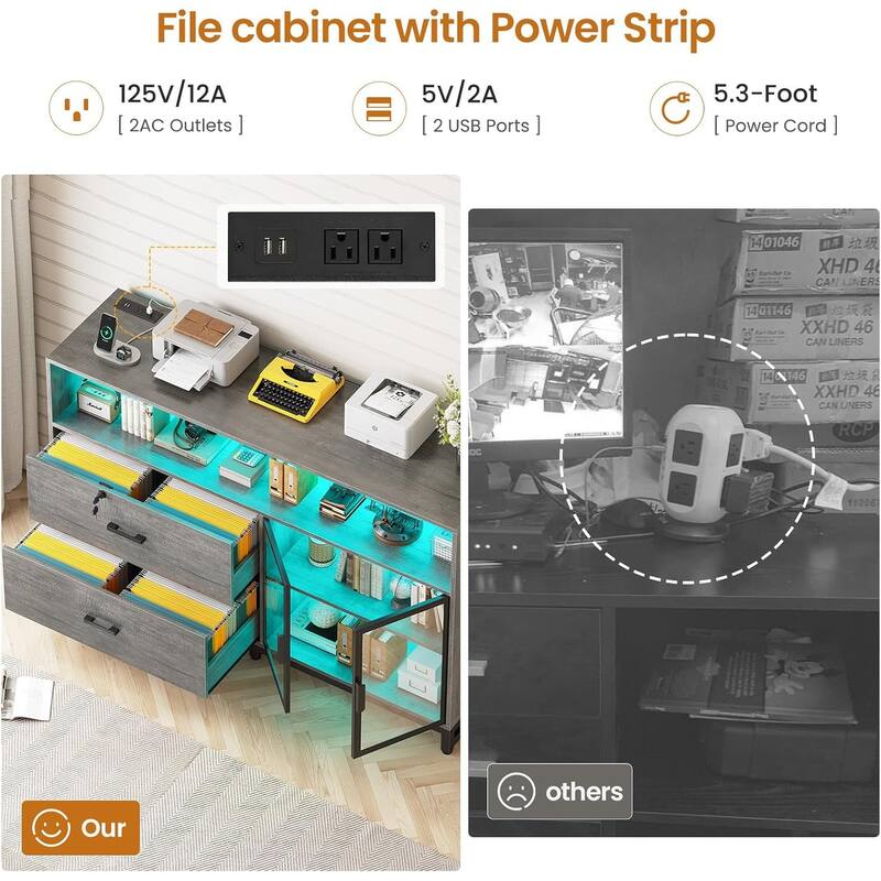 59" LED File Cabinet 2 Drawers Filing Cabinets Legal/Letter/A4 File