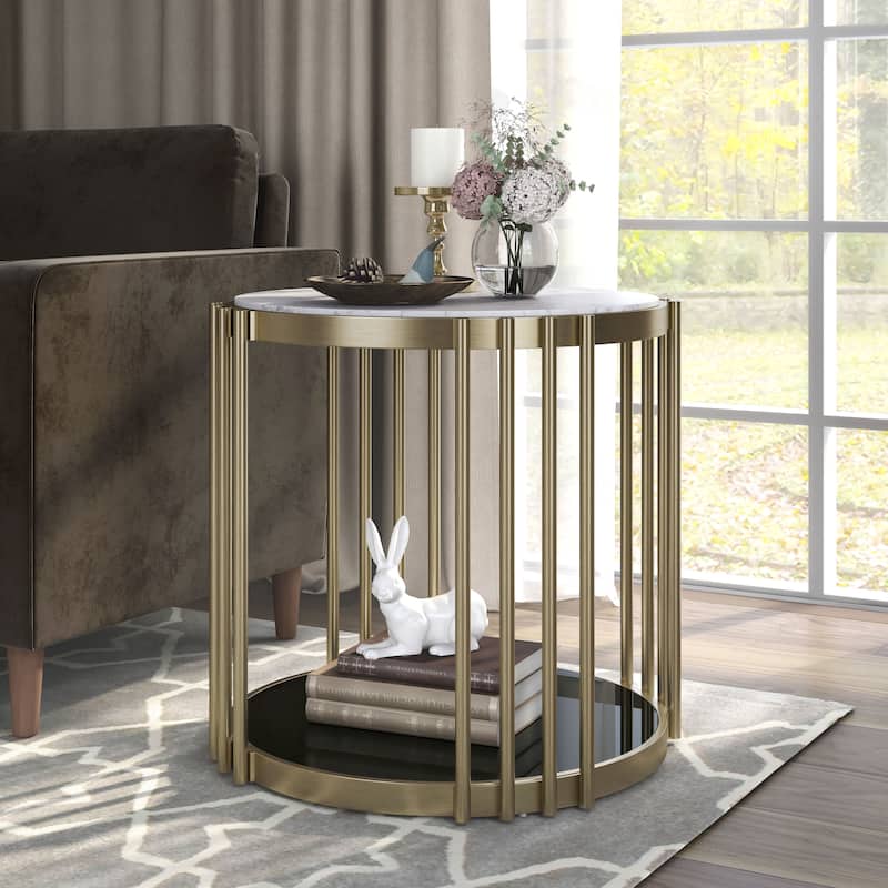 Roberts Glam Brass and White 26-inch Faux Marble 1-Shelf Drum Side Table by Furniture of America