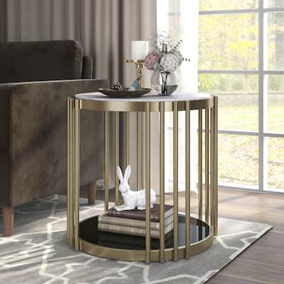 Roberts Glam Brass and White 26-inch Faux Marble 1-Shelf Drum Side Table by Furniture of America