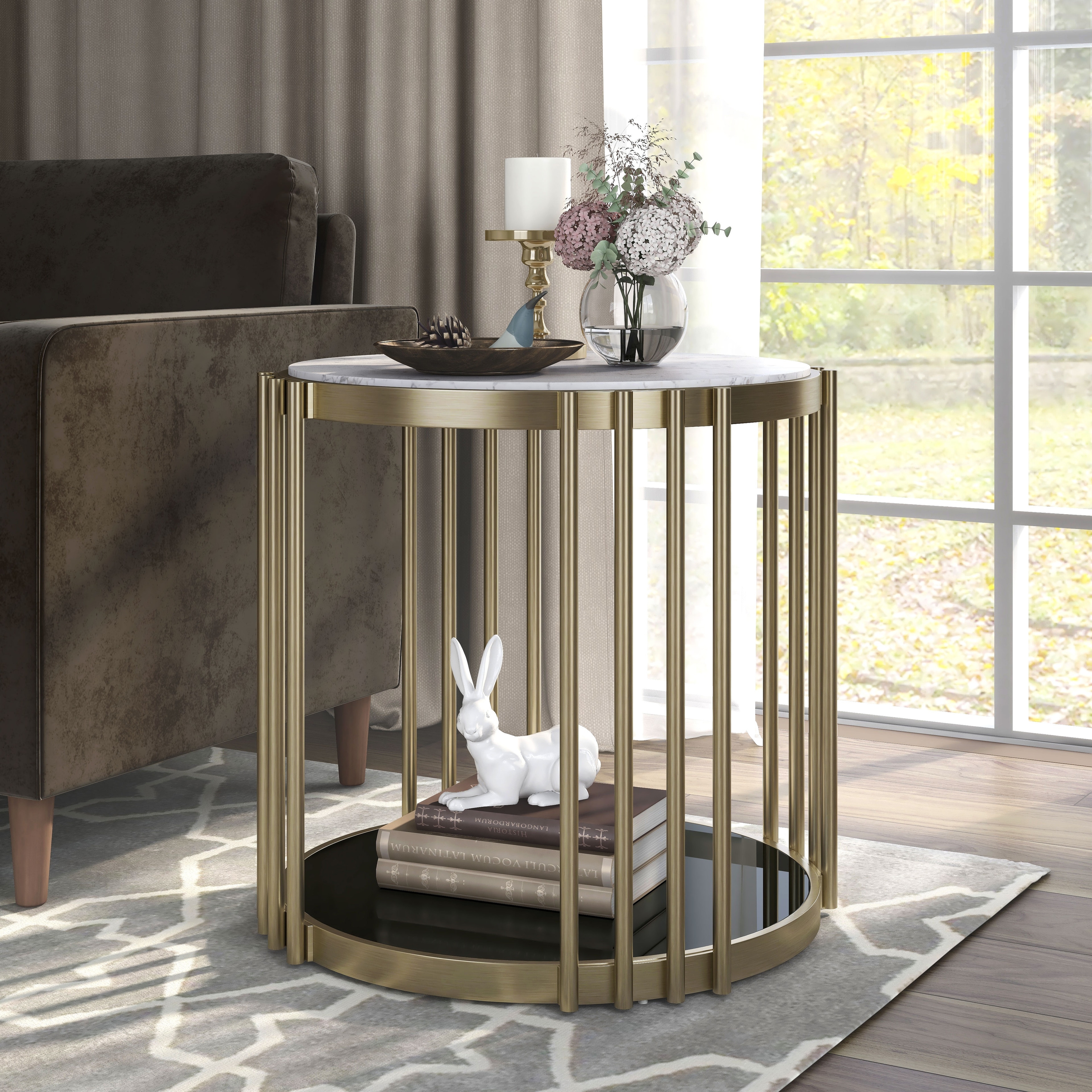 Roberts Glam Brass and White 26-inch Faux Marble 1-Shelf Drum Side Table by Furniture of America