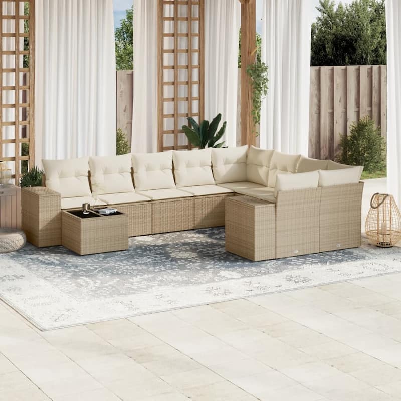 vidaXL Patio Sofa Set with Cushions Outdoor Furniture 10 Piece Poly Rattan - Beige and cream - 21.7 x 21.7 x 14.6 in