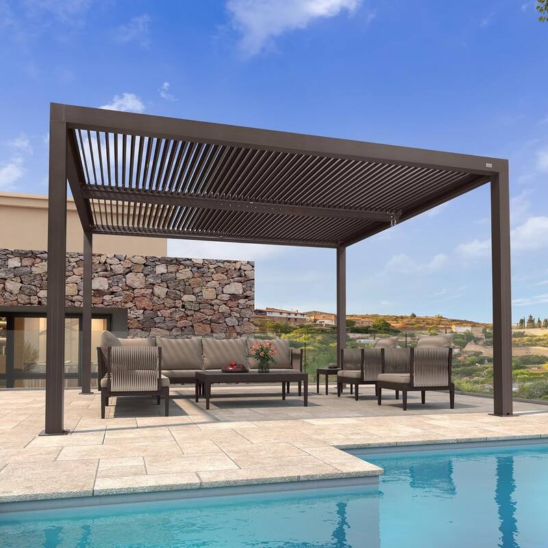 PURPLE LEAF Bronze Louvered Pergola with Adjustable Roof for Deck Backyard Garden Hardtop Gazebo - 11' x 13' - Bronze