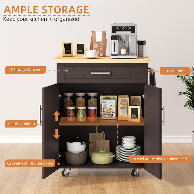 Rolling Kitchen Island with Storage Cabinet & Drawer – Extra Counter Space for Kitchen