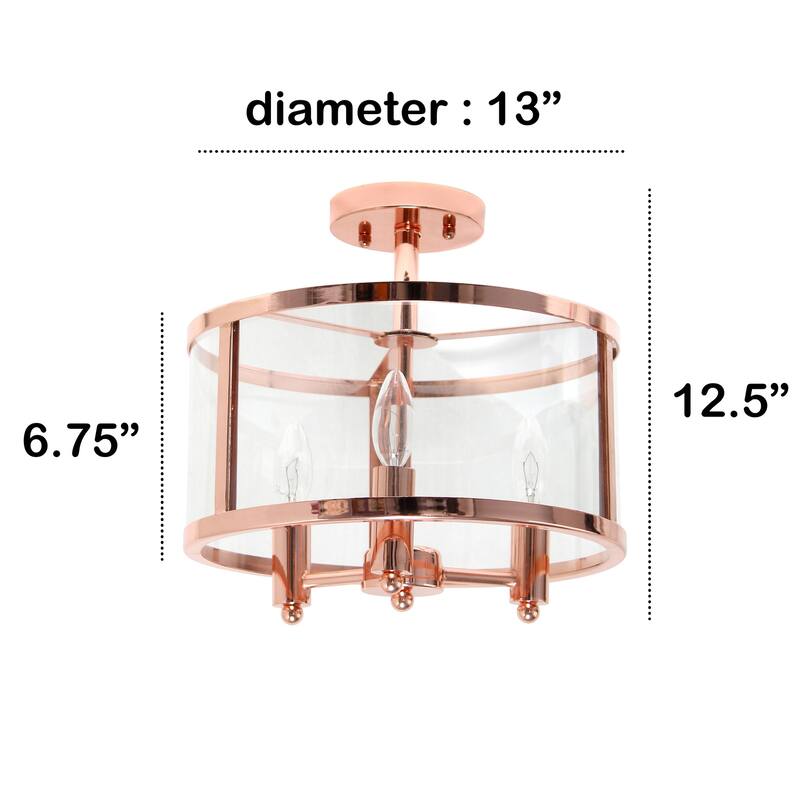 Vintage Semi-Flush Mount Light - 3-Light Rose Gold Ceiling Fixture - Modern Farmhouse Style - 12.5