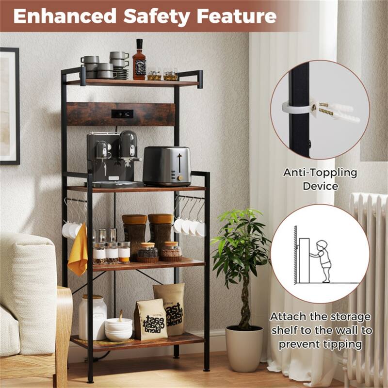 4-Tier Rustic Brown Kitchen Bakers Rack with Built-in Charging Station and Hooks Safety Rails - 23" × 13" × 54" (L x W x H)