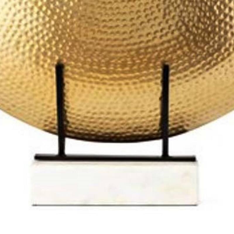 22 Inch Round Statuette, Tabletop Decor, Gold Disk, White Marble Base