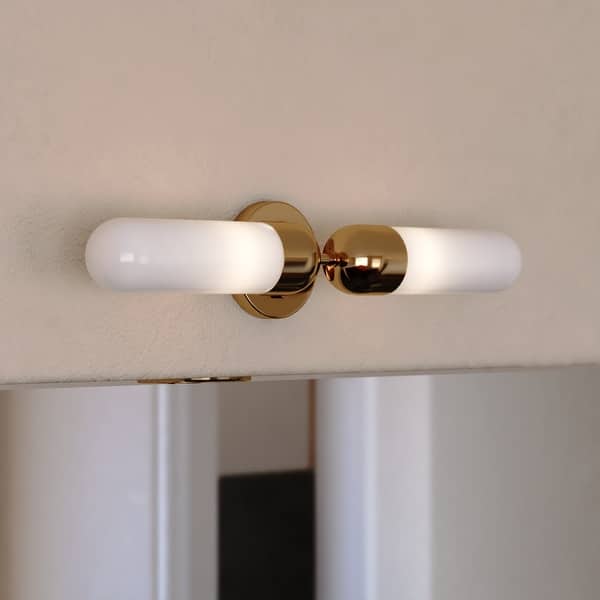 slide 2 of 11, Thalia 24.75 in. Bath Bar Vanity Light White Glass Shade Antique Gold - 24.75-in W x 4.75-in H x 5-in D