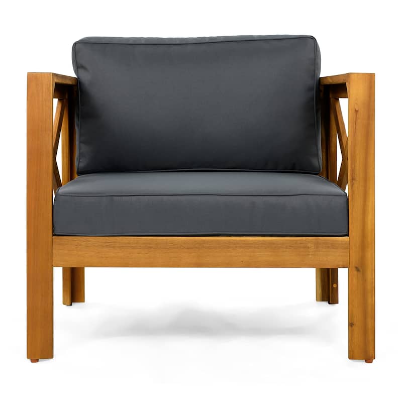 Outdoor Acacia Wood Club Wooden Armchair with Cushions (Set of 2), Conversation Set,Teak Finish,Dark Grey cushion