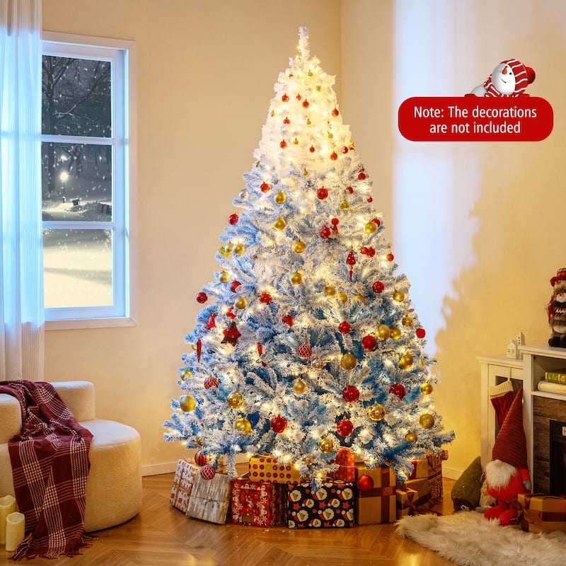 5/6/7/8 FT Pre-Lit Snow Flocked Christmas Tree Artificial Hinged Tree - Blue+White