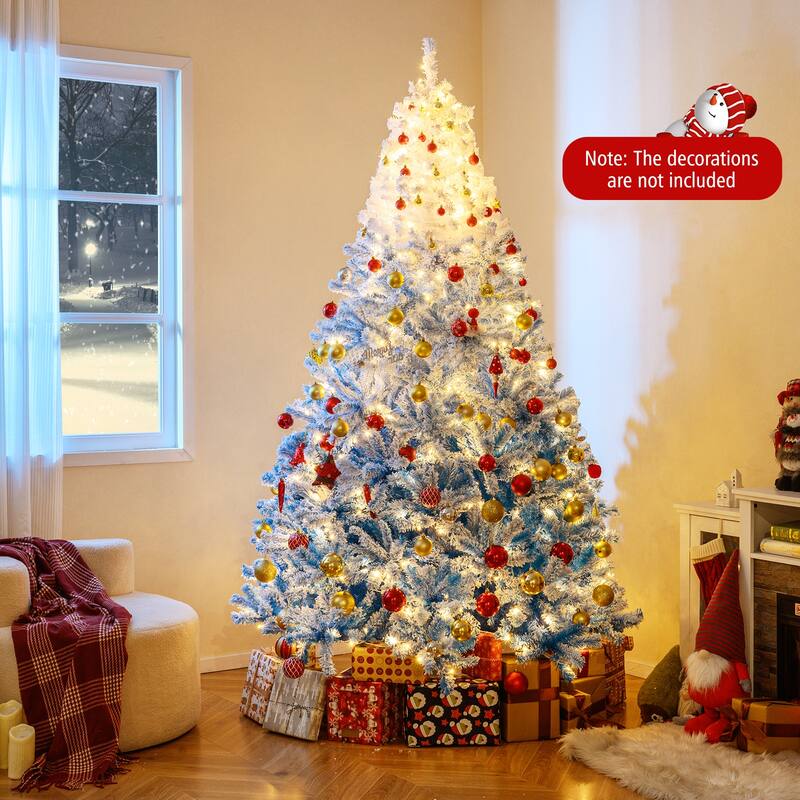 Gymax 5/6/7/8 FT Artificial Christmas Tree Hinged Snow Flocked Xmas - Blue, White