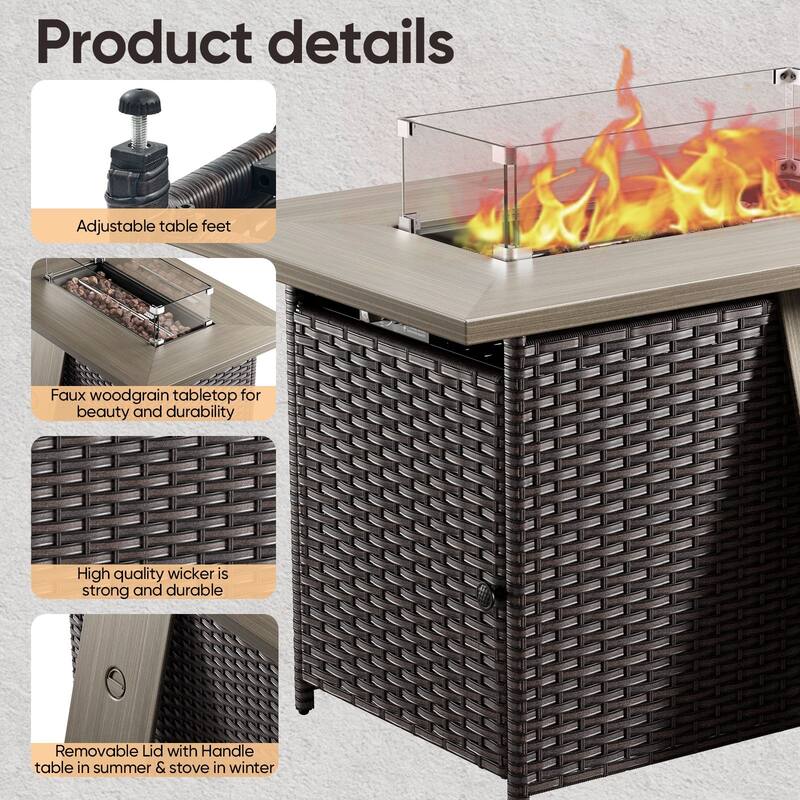 Outdoor Propane Fire Pit Table - 55000 BTU, Adjustable Flames with Wind Guard - Rectangle