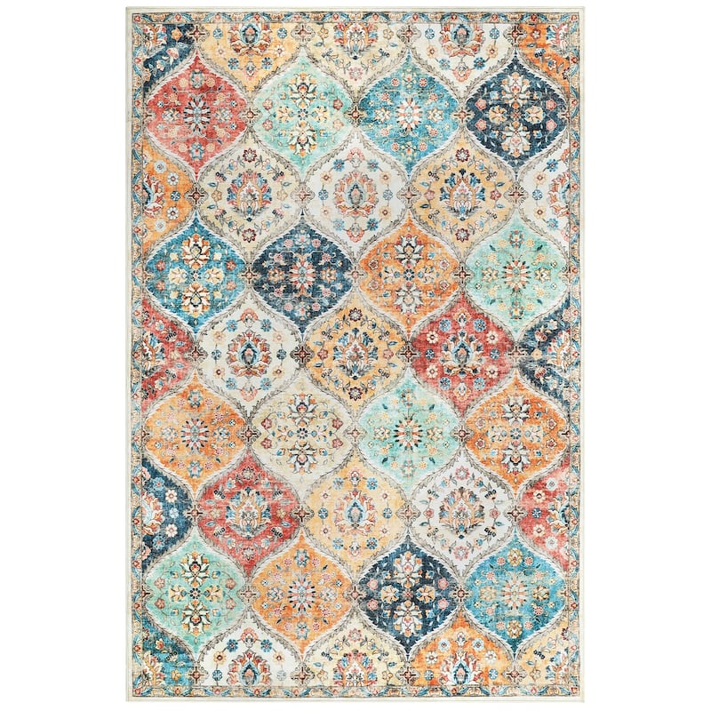 Rugs for Living Room Vintage Oriental Trellis Area Rug Soft Non Slip Low Pile Accent Rugs for Dining Room Office