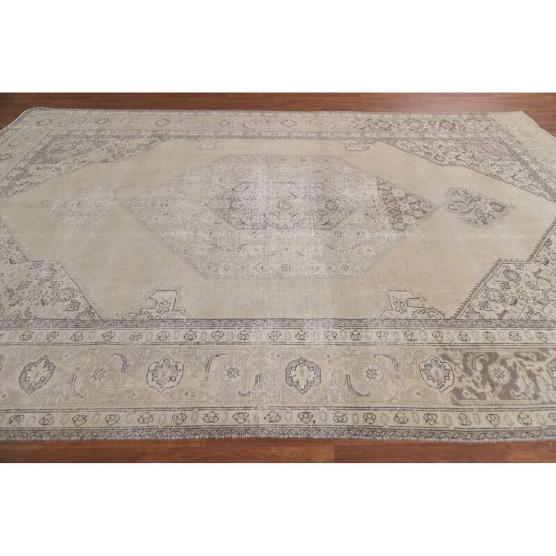 Hand Knotted Oriental 100% Wool Carpet Traditional Medallion Beige & Ivories Mashad Area Rug - 11' 4'' X 8' 1''