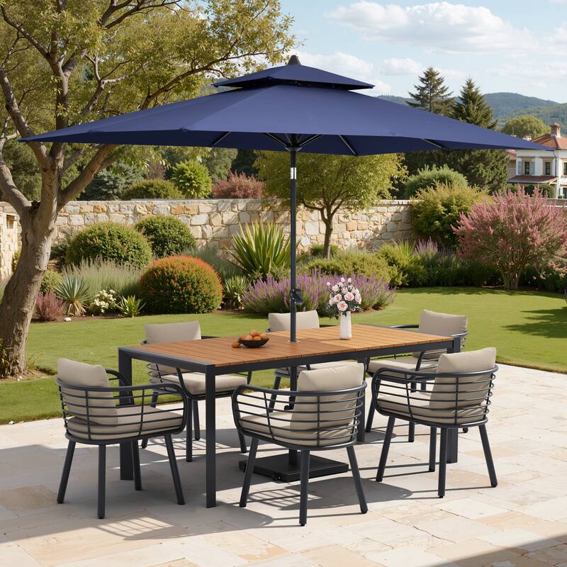 9/11-Piece Outdoor Dining Set w/10 ft Umbrella and Base Aluminum Dining Table and Chairs with Sunbrella Cushions