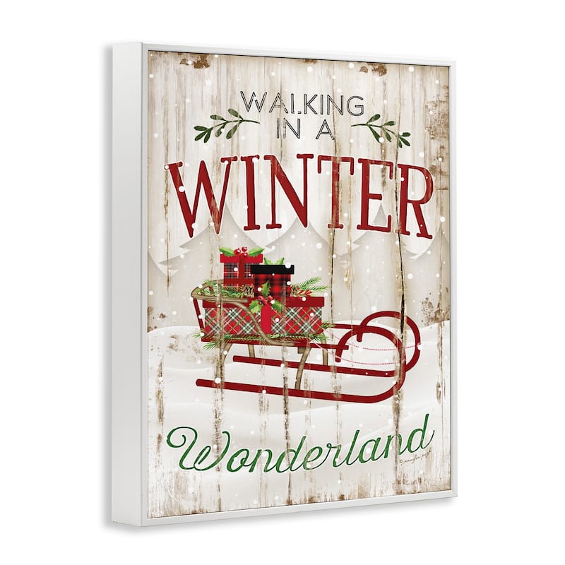 Stupell Winter Wonderland Red Sleigh Wood Texture Christmas Word Design Framed Wall Art, Proudly Made in USA