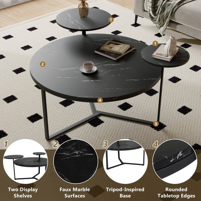 Modern Coffee Table with Two Display Shelves, Black Faux marble surfaces, Tripod-inspired base,Rounded tabletop edges