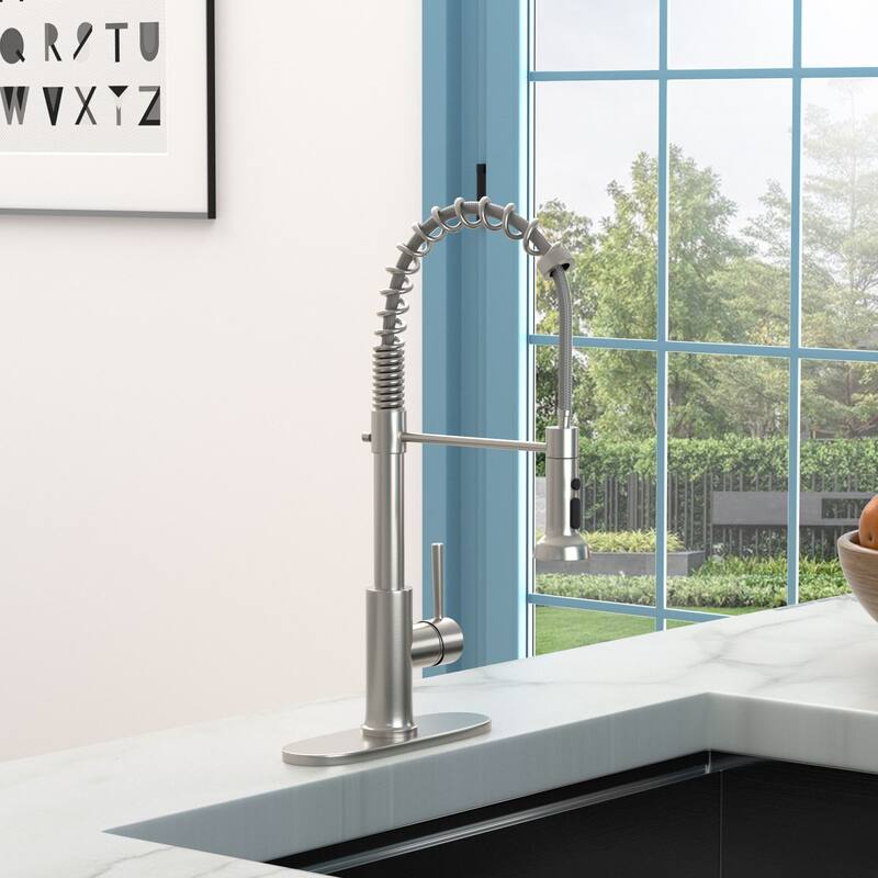 Single Handle Brushed Nickel Kitchen Sink Faucet with Pull Down Sprayer Stainless Steel Kitchen Faucet with Deck Plate - Brushed Nickel