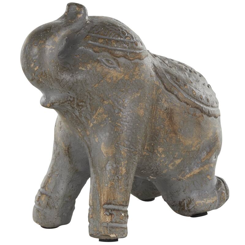 Dark Gray Paper Mache Handmade Distressed Carved Elephant Decorative Sculpture with Wood Inspired Accents