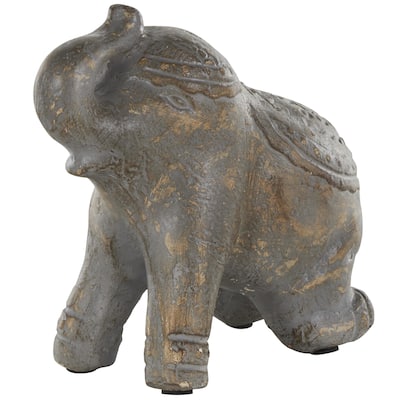 Dark Gray Paper Mache Handmade Distressed Carved Elephant Decorative Sculpture with Wood Inspired Accents