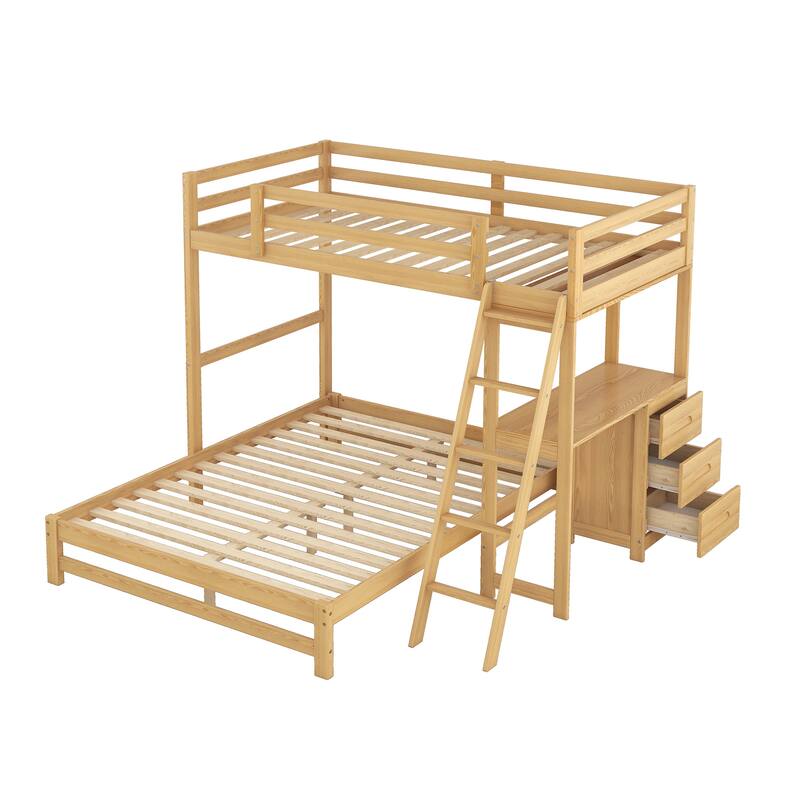 Twin over Full L-Shaped Bunk Bed Multi-Functional Pine Wood Bunk Bed Frame with All-in-One Desk and 3 Drawers