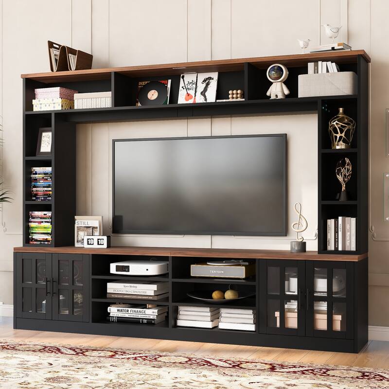 95.5" Entertainment Center for TVs up to 80", Media Console with Tempered Glass Doors & Bookshelves
