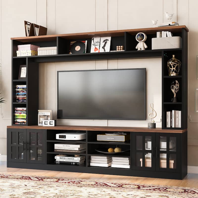 Roomfitters Wall Unit Entertainment Center for up to 80 Inch TV, Media Console with Cabinets and Bookshelves - Black