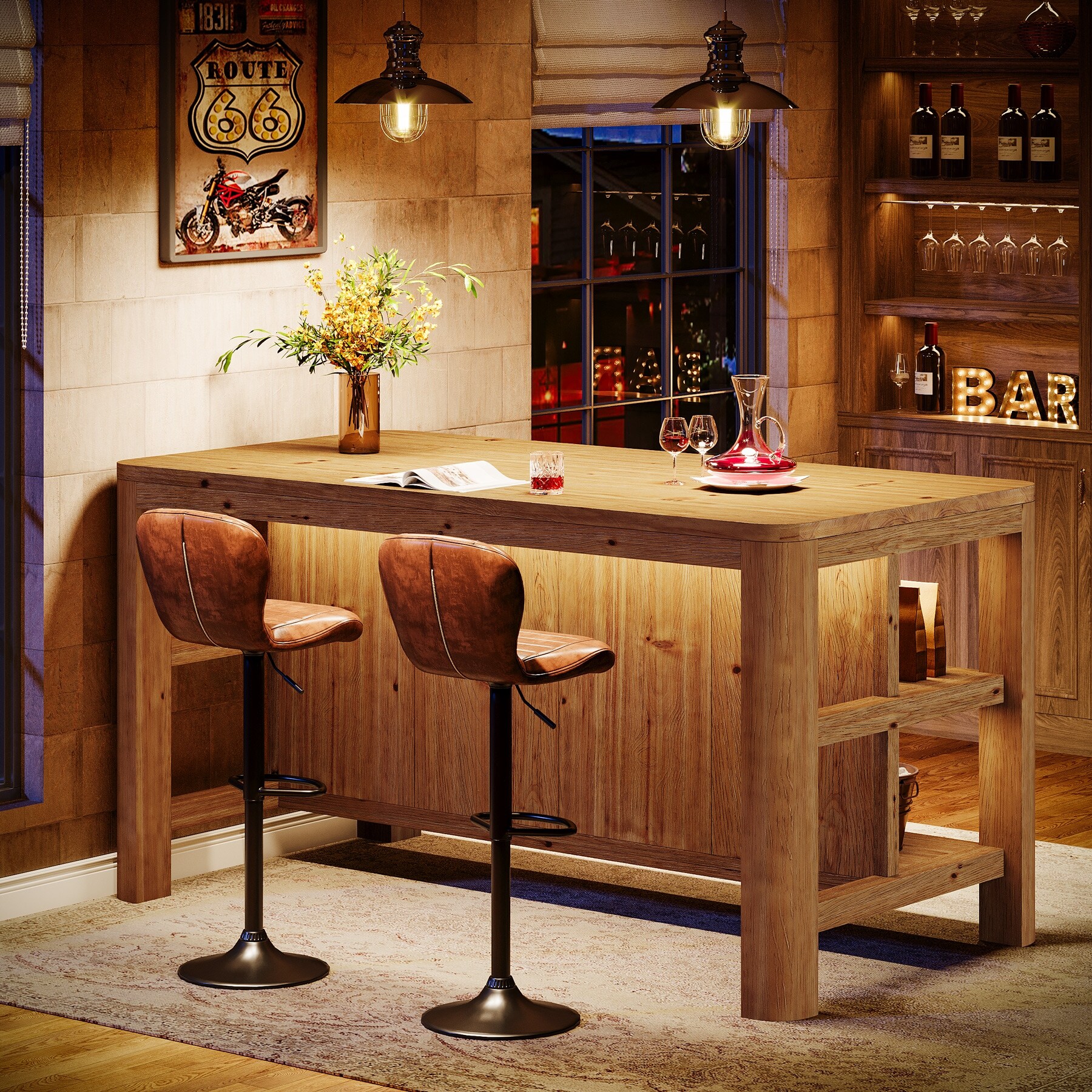 63'' Solid Wood Bar Table, Counter Height Pub Table with Storage