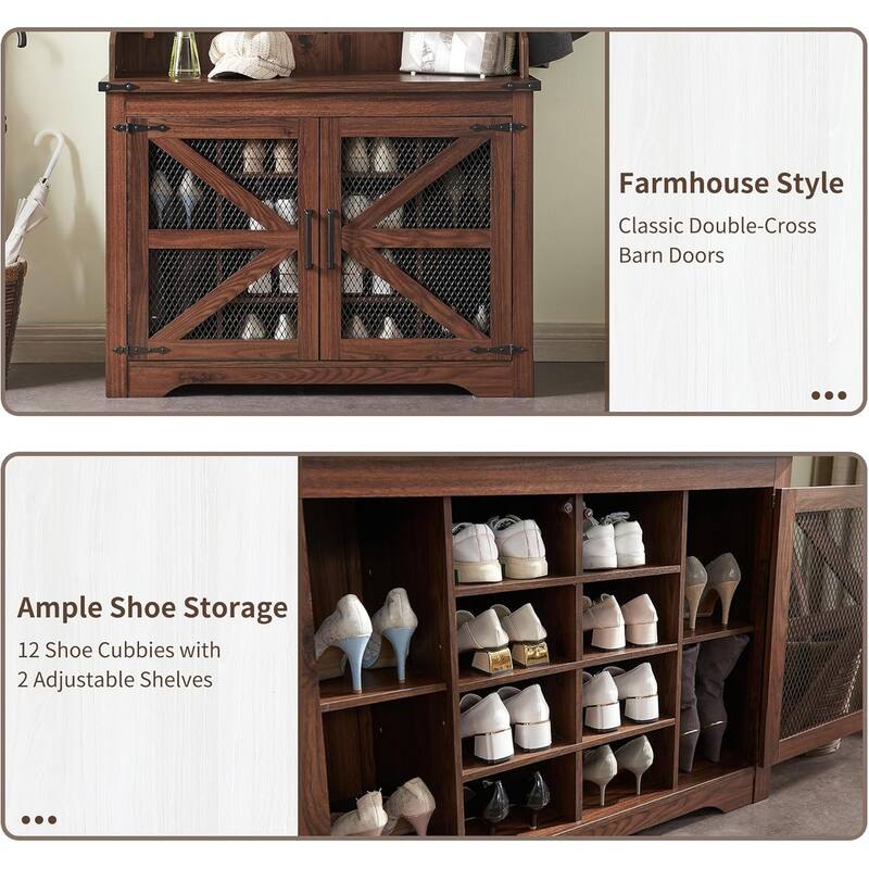 42" Wide Farmhouse Entryway Bench with Coat Rack, Mudroom Cabinet