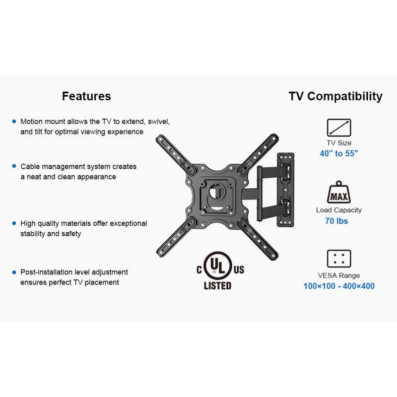 ErgoAV Single Stud Motion Mount for TVs 40″ to 55″ and up to 70lbs