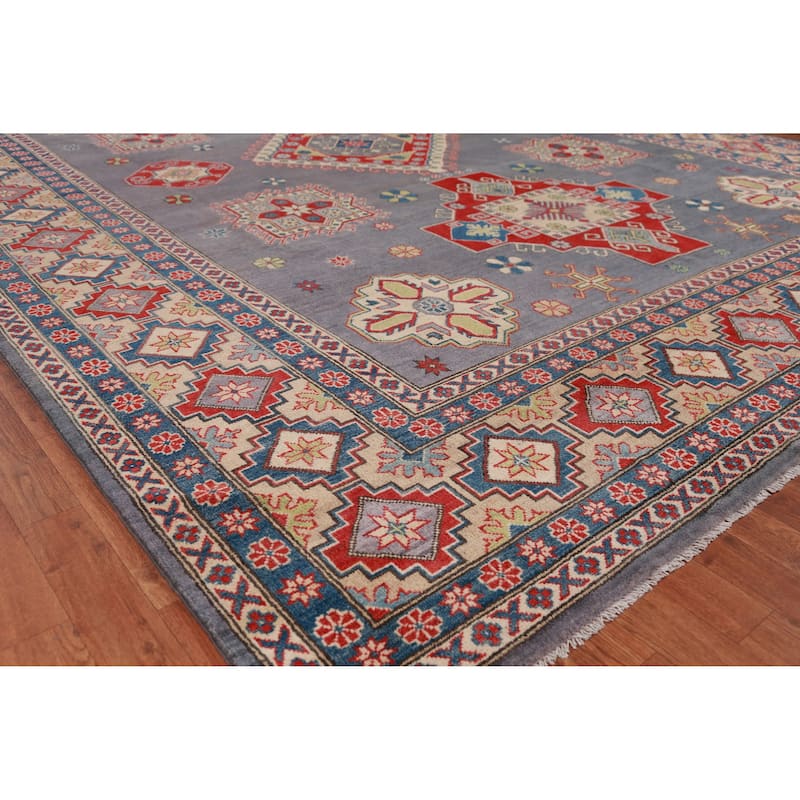 Hand Knotted Oriental 100% Wool Carpet Traditional Geometric Greys & Charcoal Kazak Area Rug - 13' 0'' X 9' 8''
