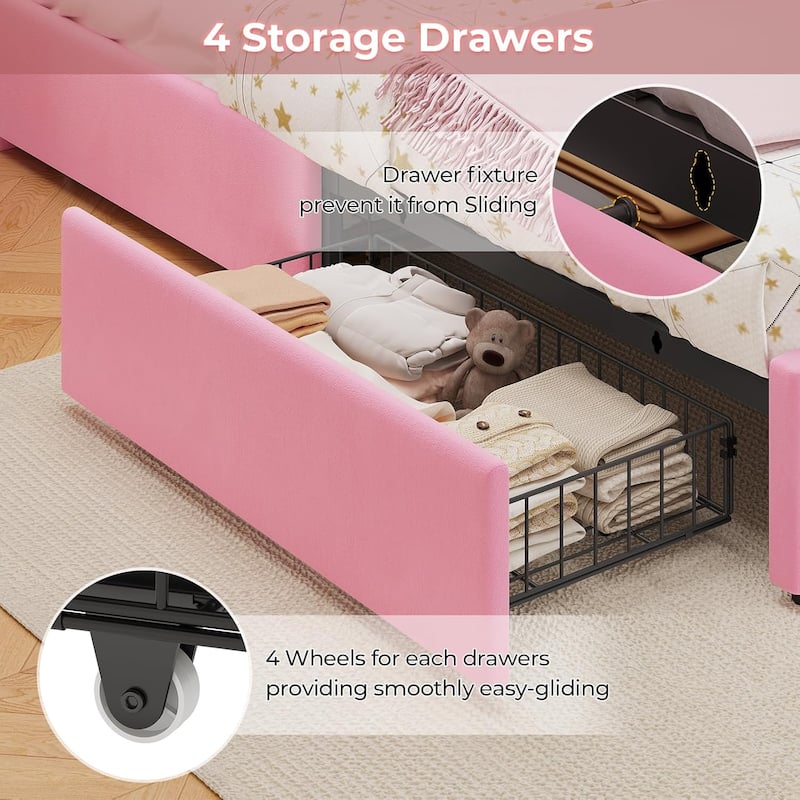 Bed Frame LED Lights Girls Bed Princess Crown Velvet Upholstered Platform Bed