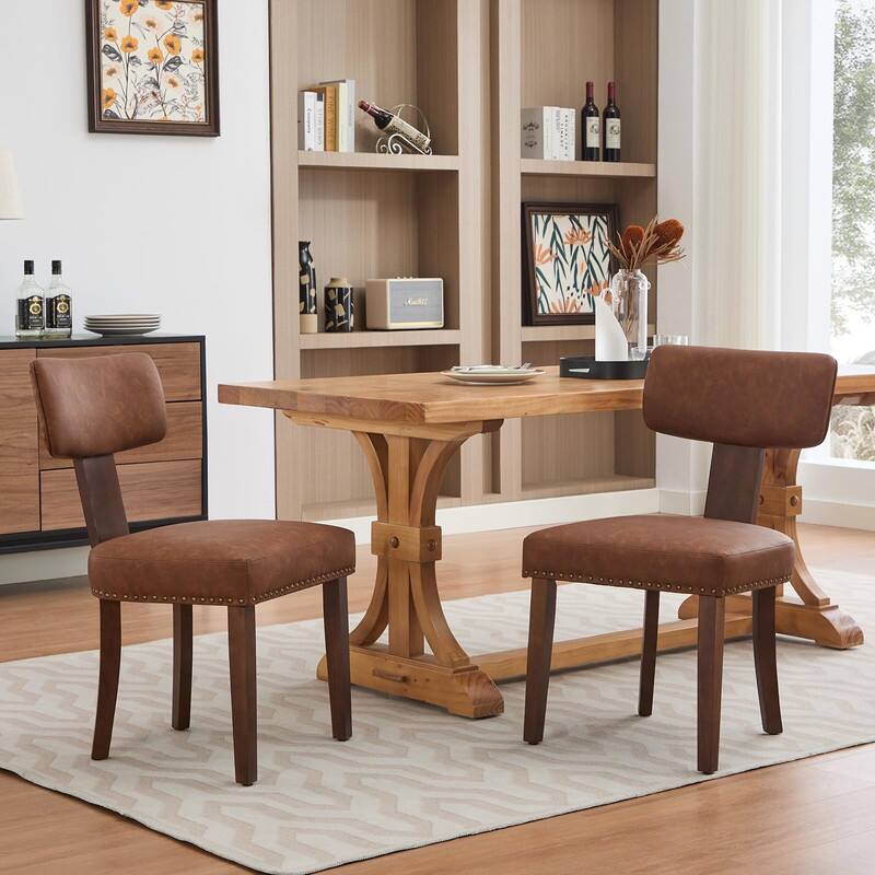 Set of 2 Modern Leather/Linen Dining Chairs - Curved Backrest w/Hardwood Frame - Brown-PU