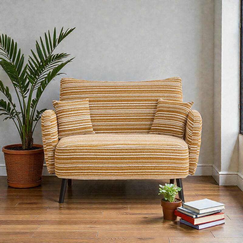 Modern Boucle 2-Seater Sofa with Storage Pockets, Deep-Seated Small Couch with Armrest Pillows for Apartments - Mustard Yellow