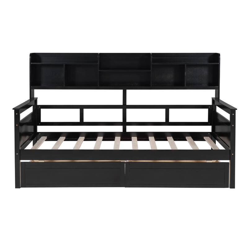 Twin Size Daybed with Wood Slat Support, Bedside Shelves, and 2 Storage Drawers