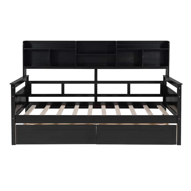 Twin Size Daybed with Wood Slat Support, Bedside Shelves, and Two Drawers in Espresso